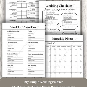 Puede incluir: Un conjunto de p&aacute;ginas imprimibles para planificar bodas que incluye una hoja de presupuesto, una lista de verificaci&oacute;n con cronogramas, un formulario de contacto para proveedores y un calendario mensual. Texto negro sobre papel blanco.