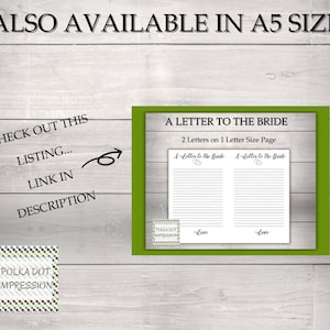 May include: A green frame with the text "A Letter to the Bride" and "2 Letters on 1 Letter Size Page". Inside the frame are two blank pages with lines, each with the text "A Letter to the Bride" at the top. The pages have the word "Love" at the bottom.