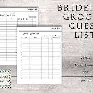 Bride and Groom Guest List | Printable Wedding Planner Page | Minimalist Wedding Template| PDI SKU P00063