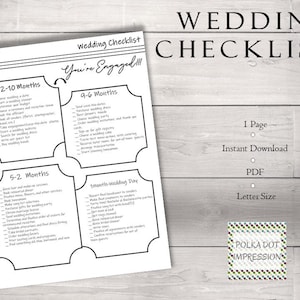 Wedding Checklist | Printable Checklist | Wedding Management| Monthly Wedding Checklist| Minimalist Wedding Template | PDI SKU P00066