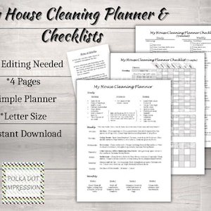 May include: A printable house cleaning planner checklist with four pages. The checklist includes daily, weekly, and monthly cleaning tasks. The planner is simple and easy to use. It is available for instant download.