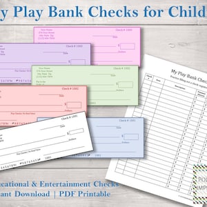 Puede incluir: Un conjunto de cheques bancarios de juguete para niños en rosa, verde, rojo y azul, con un registro de cheques a juego. Los cheques tienen campos para el nombre, la dirección y la cantidad. El texto "My Play Bank Checks for Children" está en la parte superior.