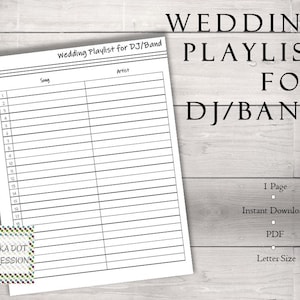 Wedding Playlist for DJ or Band | Printable Playlist| Wedding Music| Song Management| Minimalist Wedding Template | PDI SKU P00068