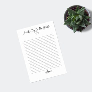 May include: A printable letter to the bride with the text "A Letter to the Bride" and "Love" at the top and bottom of the page. The page is lined with black lines.