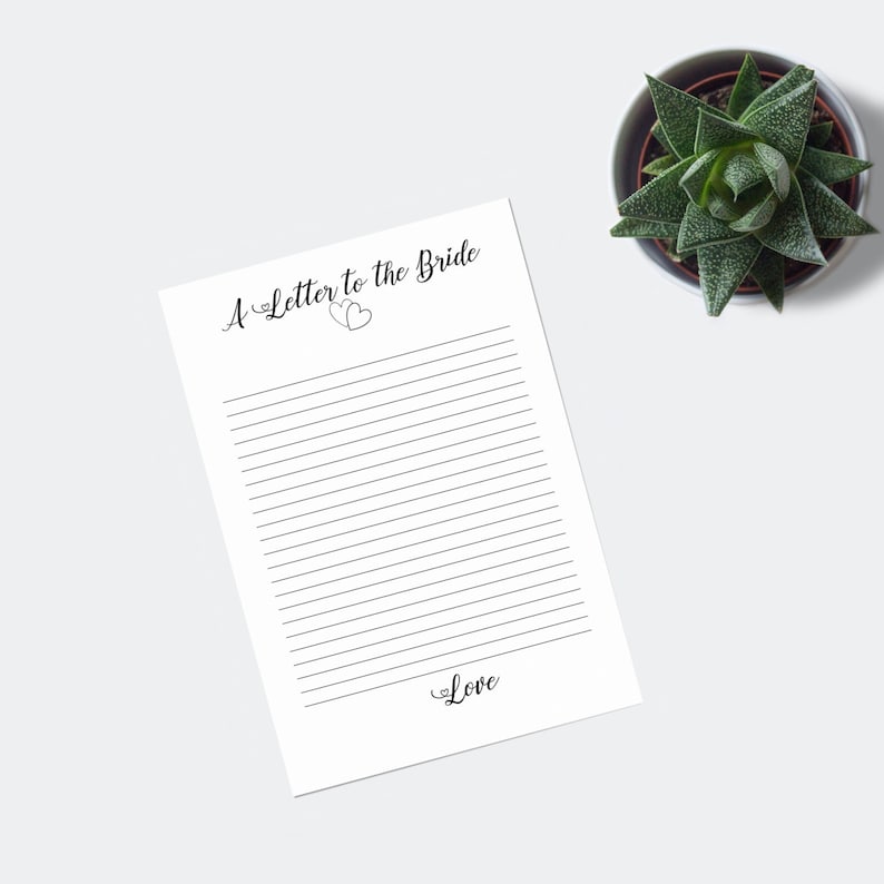 May include: A printable letter to the bride with the text "A Letter to the Bride" and "Love" at the top and bottom of the page. The page is lined with black lines.