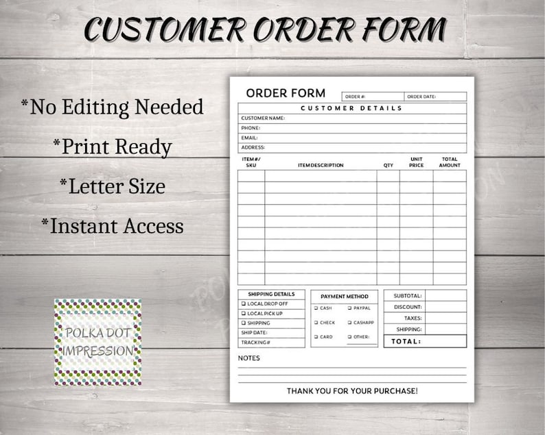 Customer Order Form, Client Purchase Order, Printable Business Sheet ...