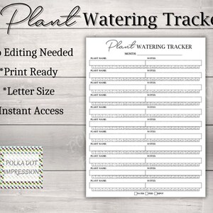 Op de afbeelding: Een wit papieren blad voor het bijhouden van plantenwater met zwarte tekst en lijnen. Het document bevat een koptekst Plant Watering Tracker, gevolgd door rijen voor plantennamen, notities en genummerde dagen van 1 tot 31 voor verzorgingstaken.