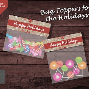 Happy Holidays Christmas Bag Toppers for Holiday Parties, Treat Bag Toppers for Kid Favors, Christmas Favor Bags H00018