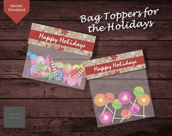 Happy Holidays Christmas Bag Toppers for Holiday Parties, Treat Bag Toppers for Kid Favors, Christmas Favor Bags H00018