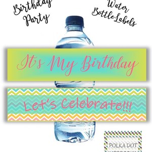 誕生日をお祝いするウォーターボトルラベル、誕生日パーティーの記念品、ピンクとグリーンをテーマにしたパーティー、PDI SKU W00003