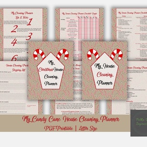 May include: Printable Christmas house cleaning planner with a candy cane theme. The planner includes checklists, shopping lists, and tips for cleaning your home for the holidays.
