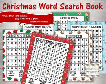 May include: A Christmas Word Search Book featuring multiple activity pages with holiday themes like Reindeer, Christmas Presents, and Christmas Words. The pages include grids of letters, festive borders with reindeer and gift patterns, and word lists.