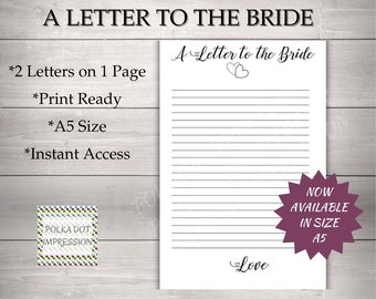A Letter to the Bride Gift Mementos, Bridal Shower Presents, Wedding Day Memories, Half Page Size, A5, PDI SKU P00074
