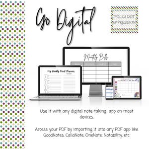 Puede incluir: Un conjunto de planificadores digitales en una computadora port&aacute;til, monitor de escritorio, tableta y tel&eacute;fono inteligente. Las pantallas muestran plantillas para planificador de comidas, facturas y calendario. Incluye texto descriptivo.
