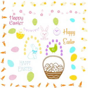 Könnte beinhalten: Eine bunte Illustration von Ostereiern, Hasen, Küken und Blumen. Der Text "Frohe Ostern" erscheint dreimal im Bild.