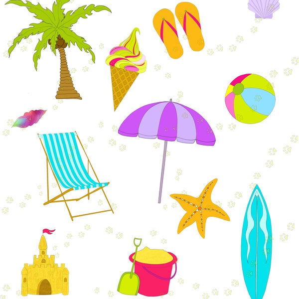 Beach Clipart Set - palm,umbrella,ice-cream,sand castle,sea star,shells,ball,chair - for commercial use, personal use. Instant download