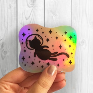 Cat Sticker, Holographic Space Cat Decal, Holographic Kitty Sticker, Gifts for Cat Lovers, cat sticker, waterproof holographic cat sticker
