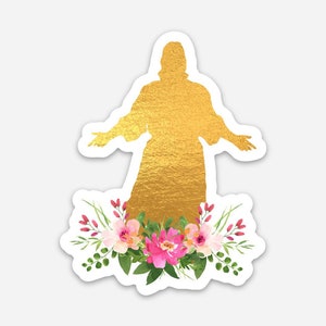 LDS Gold Jesus Christ Pink Floral Sticker, waterproof Christus Sticker, LDS Christ illustration Sticker Come, Unto Christ Decal for Saints