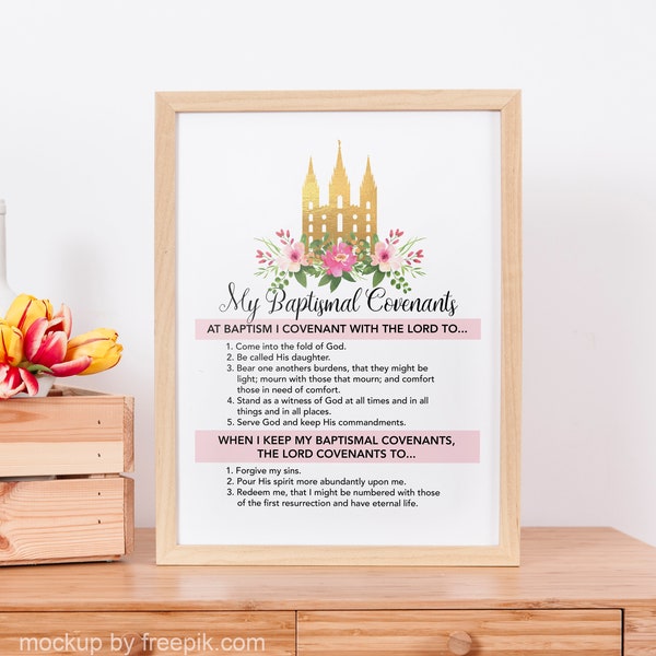 LDS My Baptismal Covenants - LDS Girls Baptism Print - LDS Baptismal Covenants Printable - lds Baptism Gift Print - Pink Floral Baptism lds