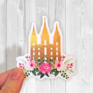 LDS Gold Temple Pink Floral Sticker | waterproof + weatherproof sticker | LDS Temple illustration Sticker | water bottle + laptop stickers