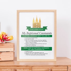 LDS My Baptismal Covenants - Instant Download Wall Art Printable - LDS Promise Gift Idea LDS Baptism - Green Banner Gold Temple - printables