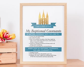 LDS My Baptismal Covenants Print in Light Blue - lds Light Blue Gold Temple Baptism - LDS Baptism - Blue Banner Gold Temple - LDS printables