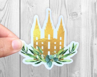 LDS Gold Temple Green Floral Sticker | waterproof + weatherproof sticker | LDS Temple illustration Sticker | water bottle + laptop stickers