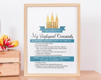 LDS My Baptismal Covenants Print in Light Blue - lds Light Blue Gold Temple Baptism - LDS Baptism - Blue Banner Gold Temple - LDS printables