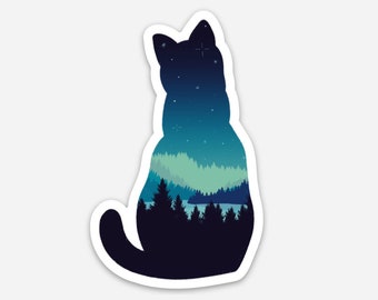 Cat Sticker | Blue Mountain Landscape Cat Silhouette | Waterproof + Weatherproof Decal | Cat lady, Cat person gift, kitty sticker, cat decal