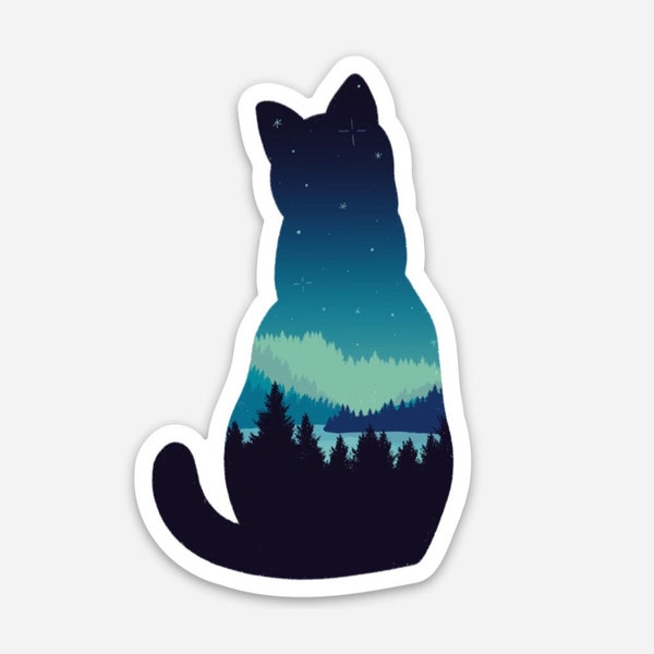 Cat Sticker | Blue Mountain Landscape Cat Silhouette | Waterproof Sitting Cat Decal | Cat lady, Cat person gift, Blue Sitting Cat Sticker