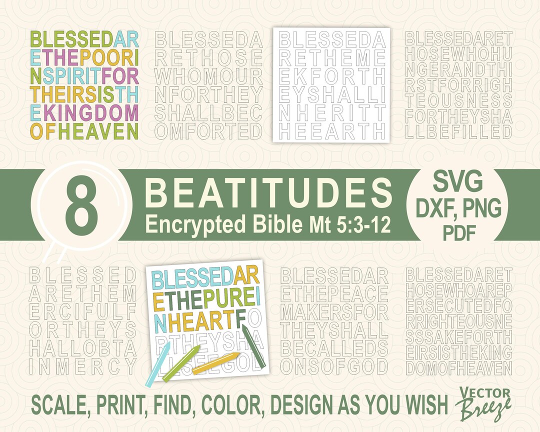 8 Beatitudes Coloring Pages, Bible Verse Printable (svg, Dxf, Png, Pdf ...