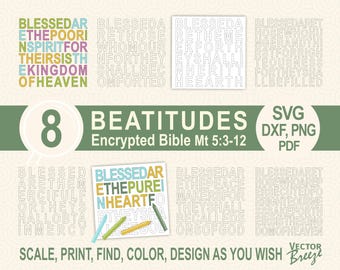 8 Beatitudes Coloring Pages, Bible Verse Printable (svg, dxf, png, pdf)