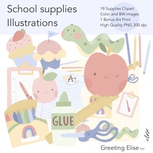 Schoolbenodigdheden illustraties, 300 dpi png, instant clipart, digitale download, zwart-witte lijntekeningen