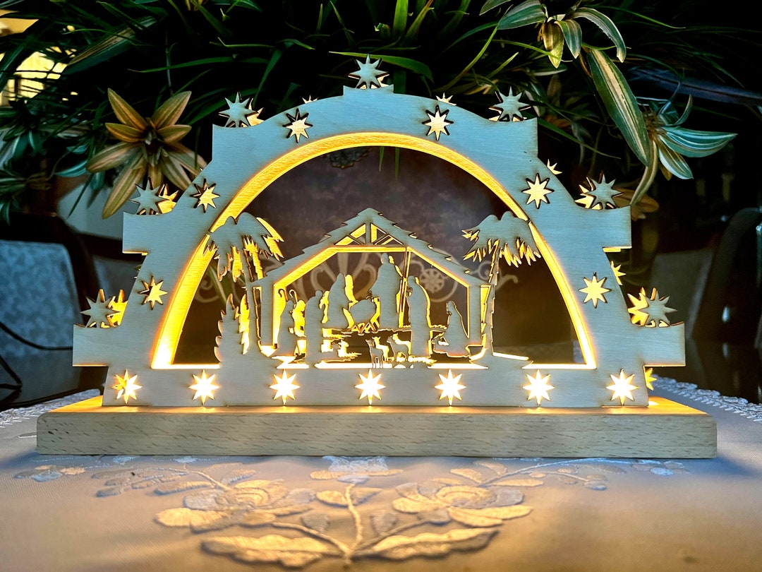 Nativity Schwibbogen, German Candle Arch. Lighted German Candle Arch