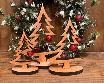 Heirloom Carved Cherry Wood Christmas Trees with Hanging Ornament, Carved Christmas Tree Decoration with Ornament and Stand