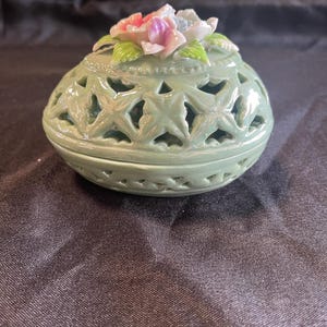 Green Lusterware Floral Easter Egg Shaped Porcelain Trinket Box with Lid