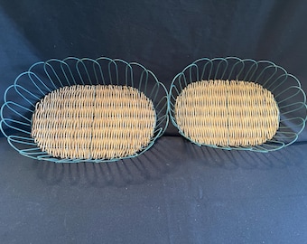 Vintage French-Style Wirework Baskets with Woven Wicker Bottoms Set of 2