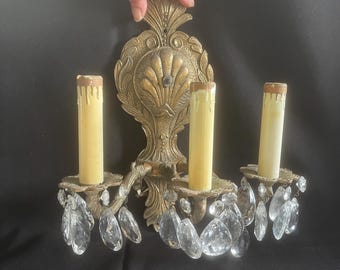 French Rocaille Style Brass and Crystal Droplets 3 Light Wall Sconces Made in Spain