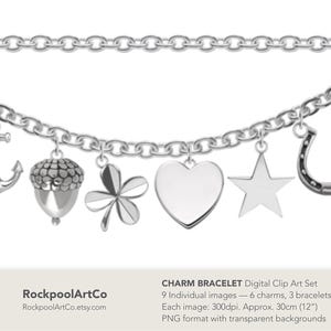 May include: A digital clip art set of 6 silver charms and 3 silver bracelets. The charms include an anchor, acorn, four-leaf clover, heart, star, and horseshoe. Each image is 300dpi and approximately 30cm in size. The images are in PNG format with transparent backgrounds.