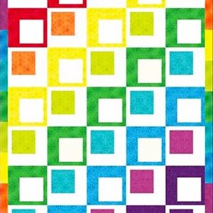 May include: A colorful quilt with a checkerboard pattern of squares in a rainbow of colors. Each square has a white square in the center. The border is a rainbow gradient.