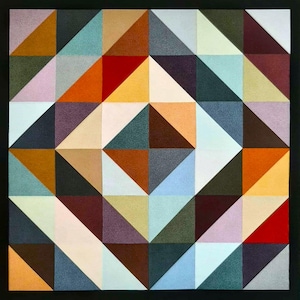 May include: Geometric abstract art piece featuring a symmetrical pattern of triangles in various colors. The artwork includes shades of red, orange, yellow, blue, green, and brown, set against a black background. The triangles create a diamond-like central design.