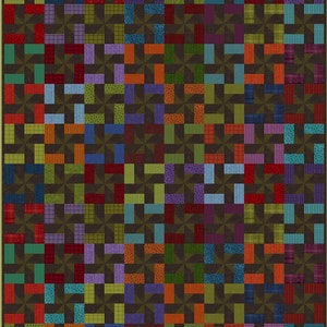 May include: A quilt with a patchwork design featuring a variety of colors and patterns, including red, green, blue, purple, and brown. The quilt is made up of small squares and rectangles, and the overall design is geometric.