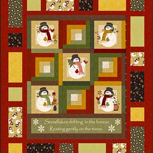 May include: A red, green, and brown patchwork quilt with a winter theme. The quilt features a repeating pattern of snowmen, snowflakes, and trees. The text "Snowflakes drifting in the breeze Resting gently on the trees" is printed on the quilt.