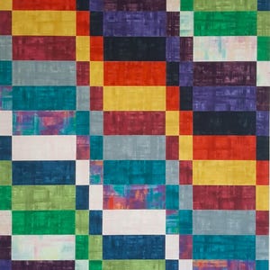 May include: Abstract painting with a grid pattern of colorful squares in shades of red, yellow, green, blue, purple, and white.