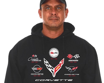 Men's Corvette Hoodie: C1-C8 Flag Emblems Pullover Sweatshirt