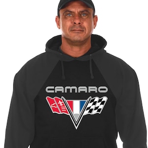JH Design Men&#39;s Chevy Camaro V-Flag Black & Charcoal Pullover Hoodie Sweatshirt