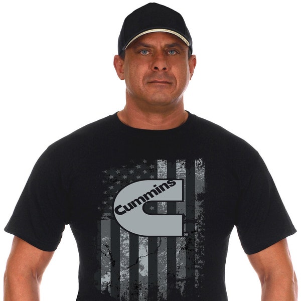JH Design Group Men's Cummins Diesel American Flag Black Crew Neck Shirt