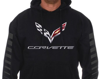 Men's Chevy Corvette Pullover Hoodie with Front Corvette Emblem & Racer Sleeves