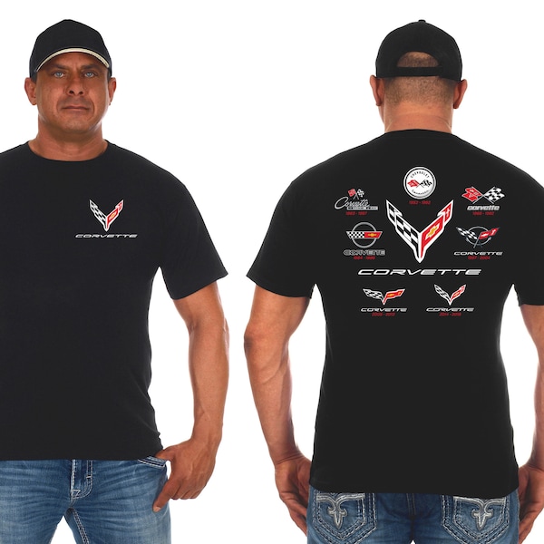 JH Design Mens Chevy Corvette T-Shirt C1 Thru C8 Flag Emblems Collage