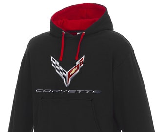 JH Design Group Men's Chevy Corvette C8 Pullover Hoodie Red Hood Lining